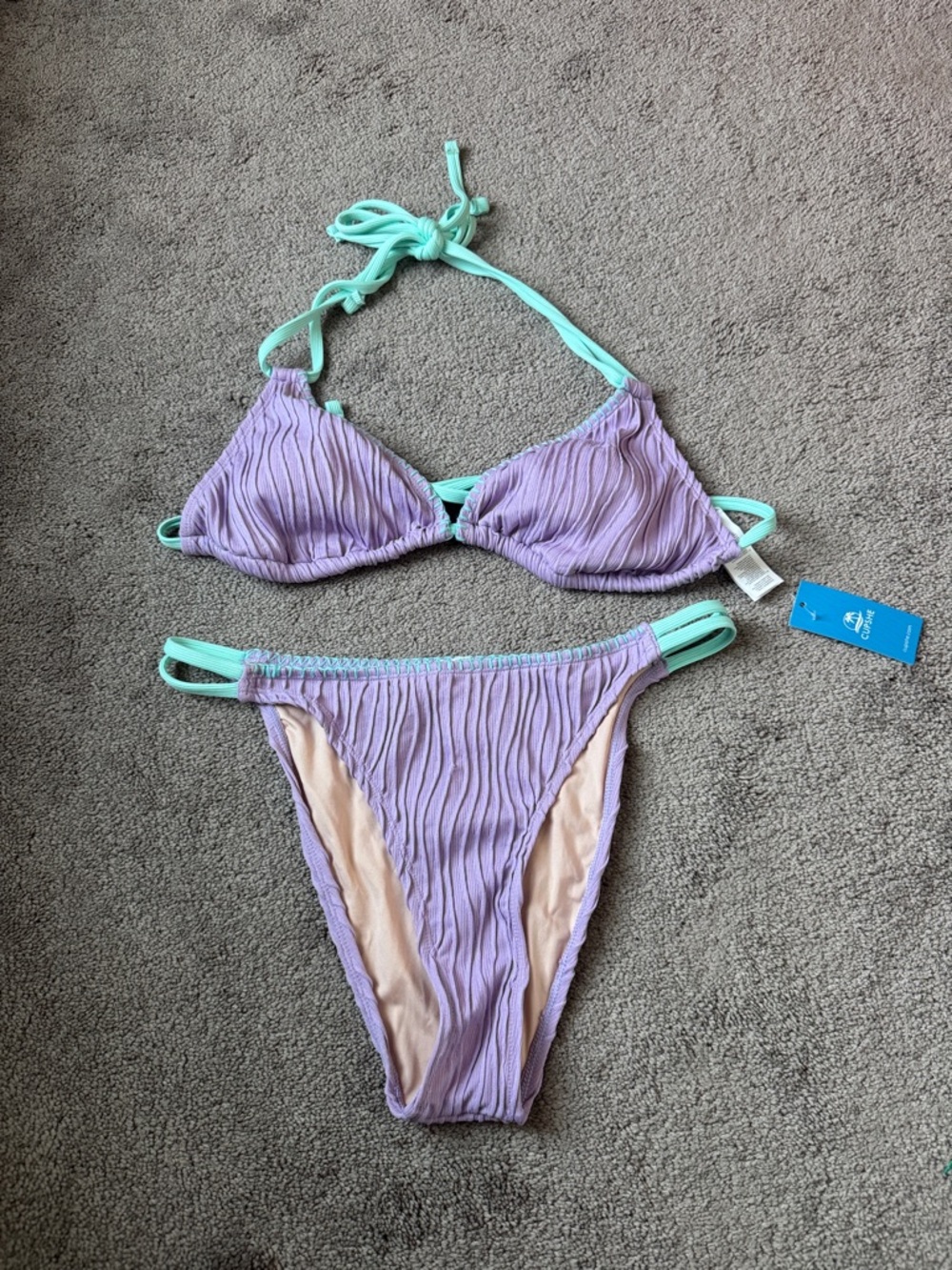 Cupshe Crinkle Bikini Set Purple Mint Trim String Tie Two Piece SIZE M